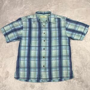 Tommy Bahama 100% Silk Hawaiian Shirt Mens Large Blue Plaid Camp Soft Button Up
